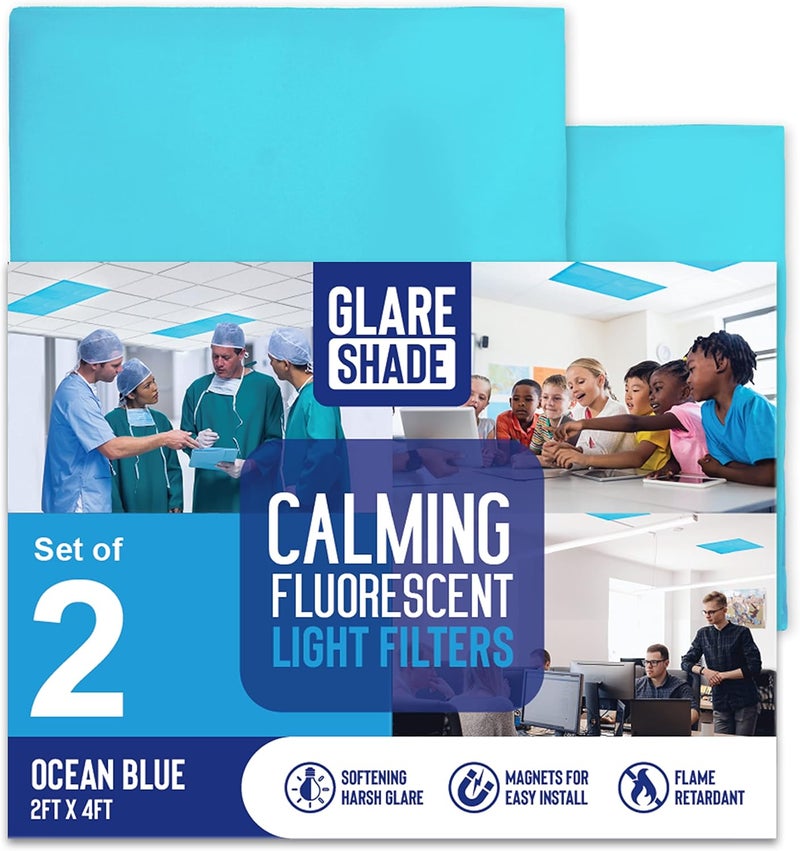 GlareShade Store Fluorescent Light Covers for Classroom or Office | Magnetic Fluorescent Light Covers for Ceiling Lights Provide Relief from Glare, Headaches, & Sensory Overload | 2 Count Blue - Image 1